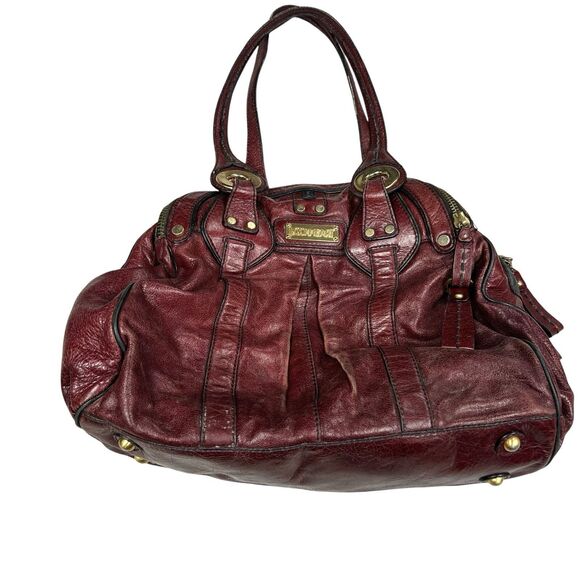 LOCKHEART DISTRESSED Y2K LARGE BURGUNDY GENUINE LEATHER HOBO SHOULDER TOTE BAG - Picture 3 of 10